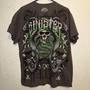 Sinister Brand Mens Large Shirt Gray Green Snakes Cyber Skulls Skeleton Y2K